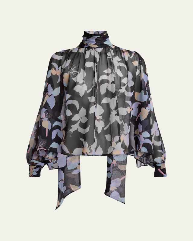 Floral-Print Chiffon Neck-Scarf Top